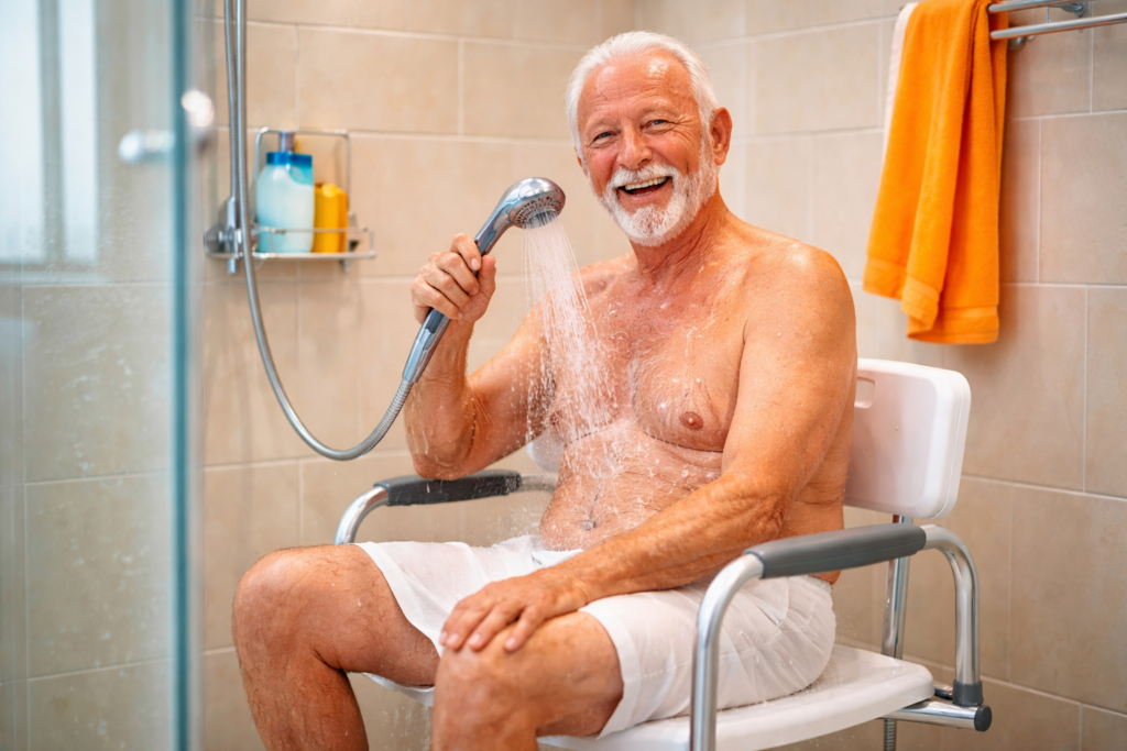 idoso usando uma cadeira de banho