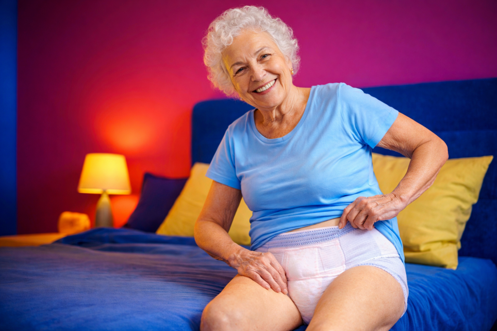 Idosa usando fralda descartável noturna