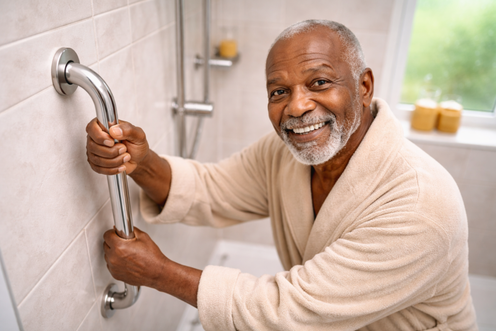 idoso se segurando em uma barra de apoio dentro do banheiro