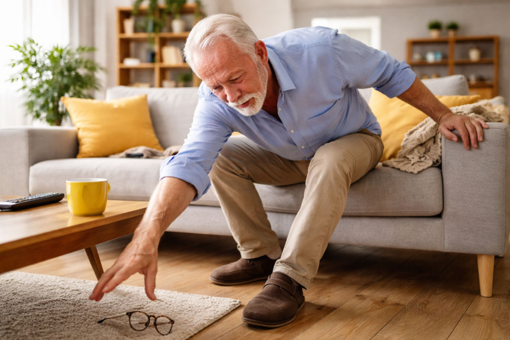 idoso tentando pegar objeto no chão dentro de casa