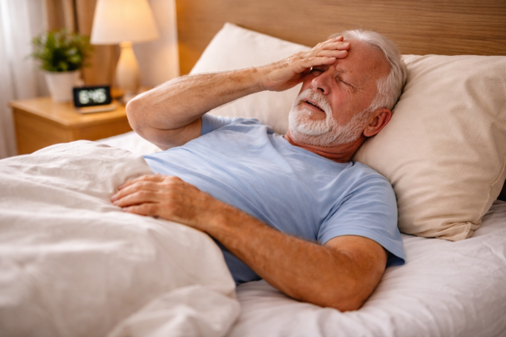 homem idoso levantando da cama com cuidado para evitar tontura