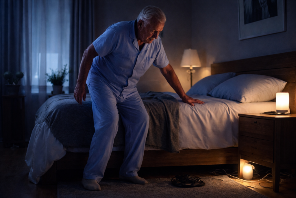 idoso andando no quarto escuro à noite com risco de queda