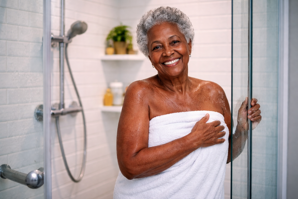senhora idosa no box do banheiro mostrando segurança no banho