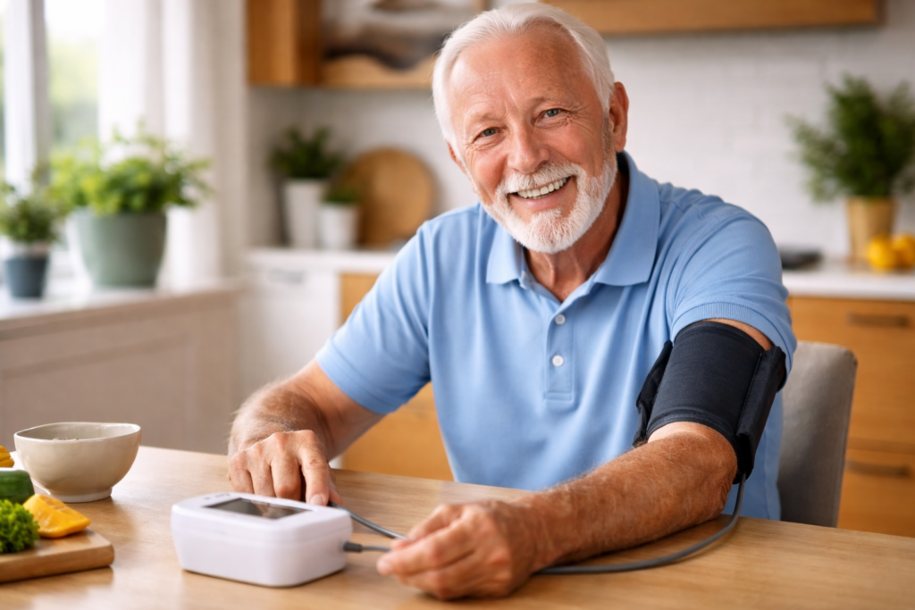 idoso medindo pressão arterial com medidor digital em casa