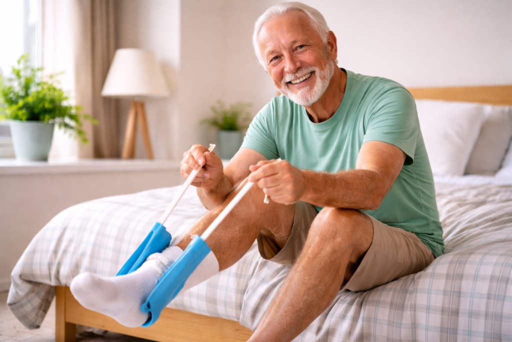 homem idoso usando um calçador de meias