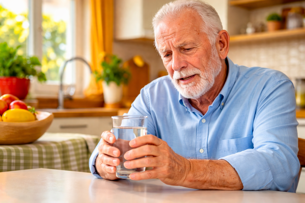 idoso segurando um copo com dificuldade por causa da fraqueza nas mãos