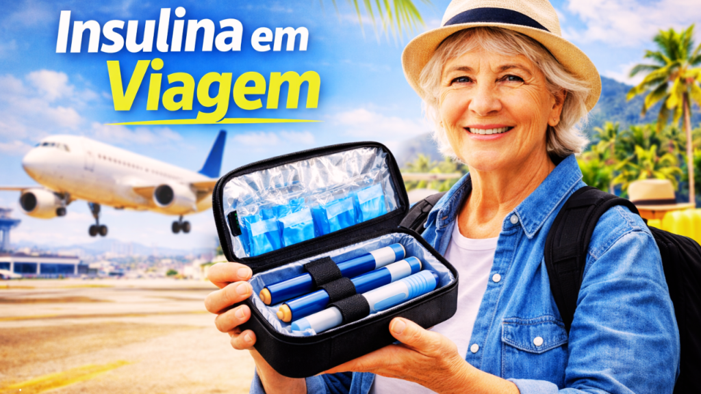 Mulher mostrando estojo de insulina refrigerado