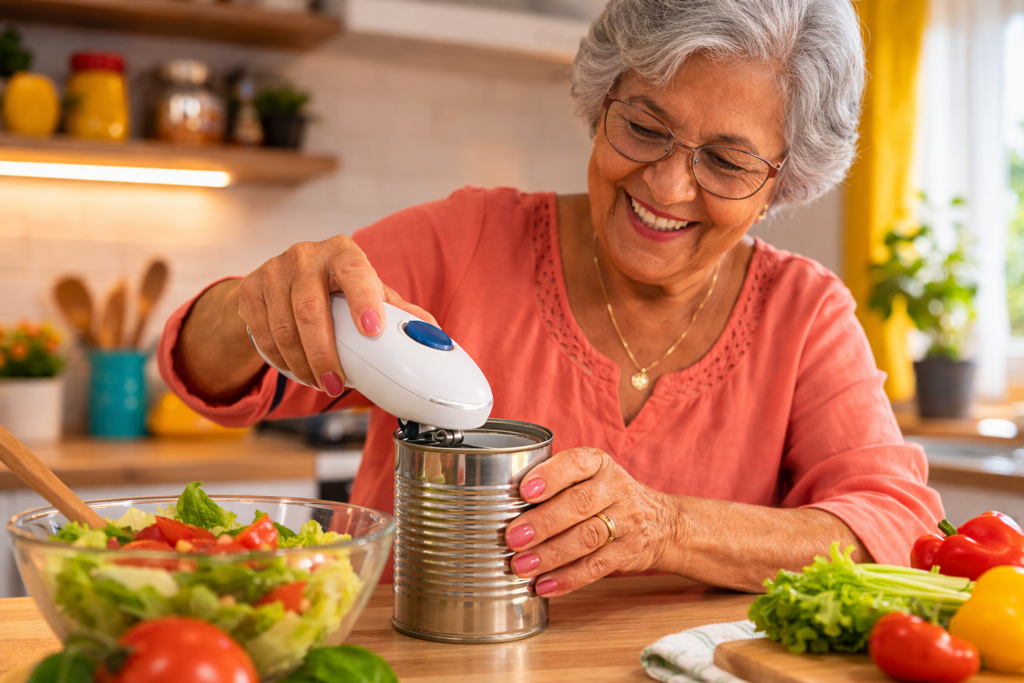 idosa usando abridor de latas elétrico